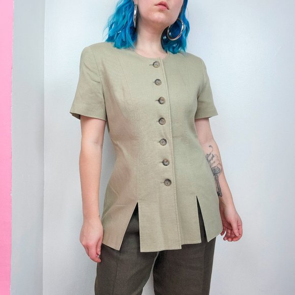 Vintage 90s Beige Minimalist Short Sleeve Blazer Top - Picture 5 of 9